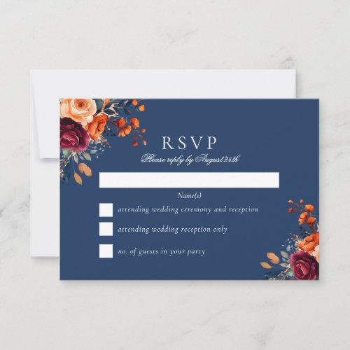 Blue Orange Burgandy Floral Fall Wedding RSVP Card