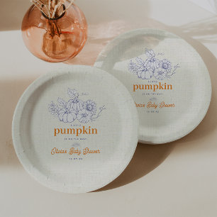 Blue Orange Burlap Little Pumpkin Baby Shower Paper Plates