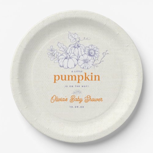 Blue Orange Burlap Little Pumpkin Baby Shower Paper Plates