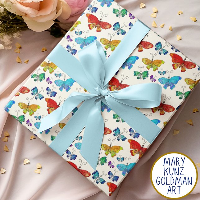 Blue Orange Butterfly Pattern Hand-Illustrated Wrapping Paper Sheets (This hand-illustrated butterfly gift wrap features whimsical butterflies on an ivory background.)
