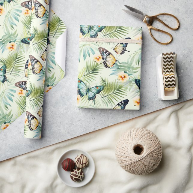 Blue Orange  Butterfly Yellow Green  Floral  Wrapping Paper (Crafts)