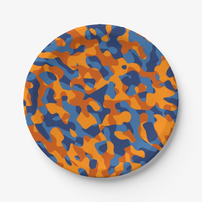 Blue Orange Camouflage Print Pattern Paper Plates (Front)