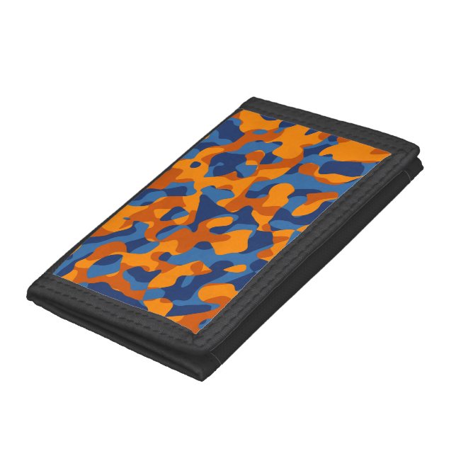 Blue Orange Camouflage Print Pattern Trifold Wallet (Bottom)