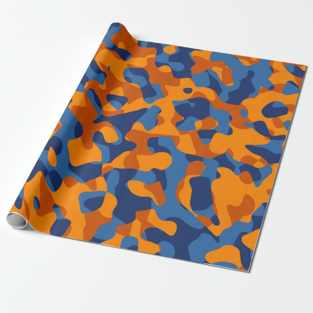 Blue Orange Camouflage Print Pattern Wrapping Paper (Unrolled)
