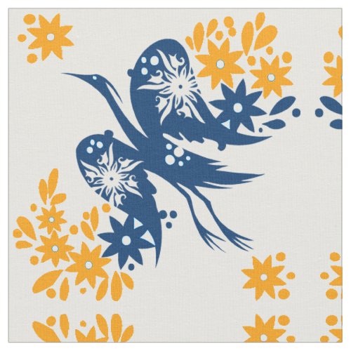 Blue Orange Chinese Heron Mirror Pattern Fabric