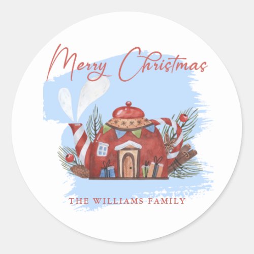 Blue Orange Christmas Watercolor Teapot House Classic Round Sticker