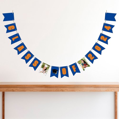 Blue Orange Class of 2024 Photo Graduation Party Bunting Flags