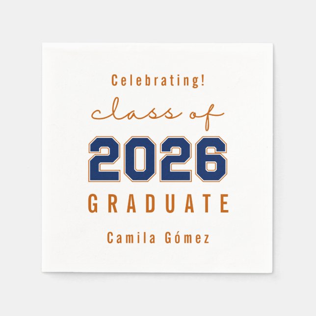 Blue Orange Class of 2026 Graduation Party Napkins (Front)