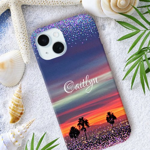 Blue orange clouds sunset ombre confetti dots name iPhone 15 case