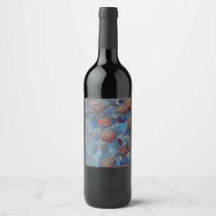 Blue orange color flower pattern digital art wine label