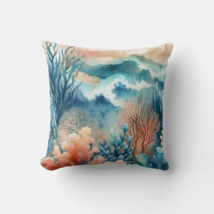 Blue Orange Coral Reef Watercolor Ocean Waves Throw Pillow