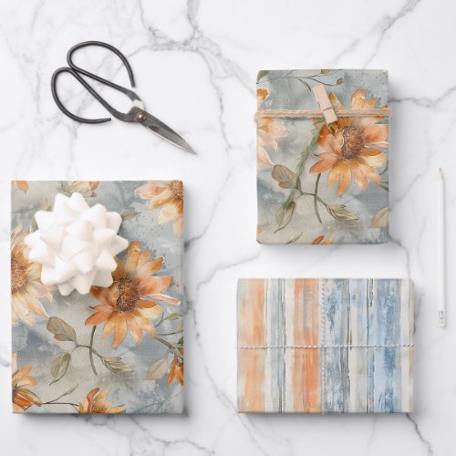 Blue Orange Cream Flowers Birthday Wrapping Paper Sheets