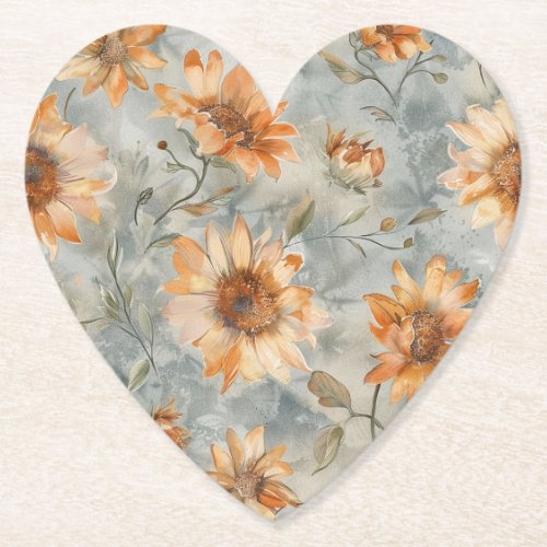 Blue Orange Cream Flowers Bridal Shower Paper Coaster