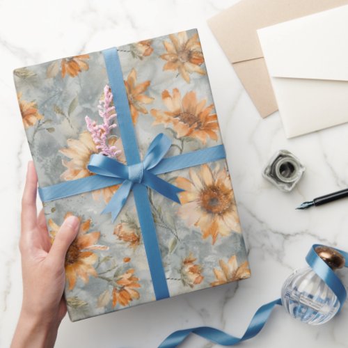 Blue Orange Cream Flowers Bridal Shower Wrapping Paper