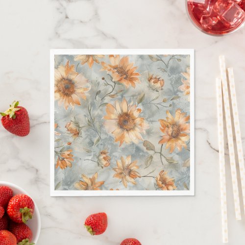 Blue Orange Cream Flowers Wedding Napkins