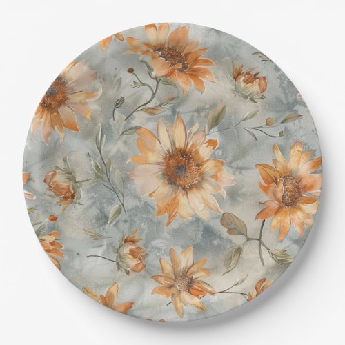 Blue Orange Cream Flowers Wedding Paper Plates