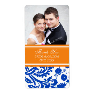 Blue Orange Damask Photo Wedding Labels