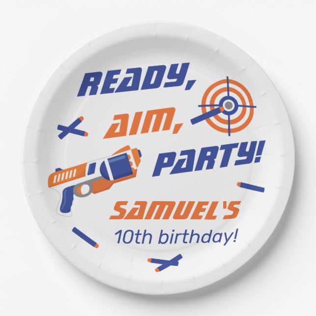 Blue, Orange Dart War Birthday Party, Any Age Paper Plates (Front)