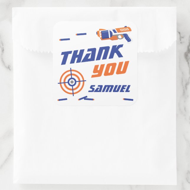 Blue, Orange Dart War Birthday Party Thank You Square Sticker (Bag)