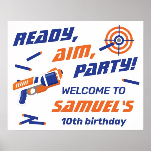 Blue Orange Dart War Birthday Party Welcome Poster