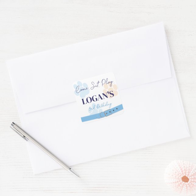 Blue Orange Dog Paw Print Birthday Party Any Age Square Sticker (Envelope)