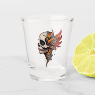 Blue Orange Fantasy Gothic Mosaic Skull with Wings Shot Glass