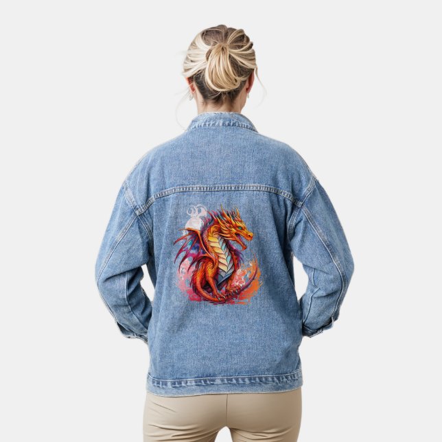 Blue Orange Fire Dragon Denim Jacket (Model)