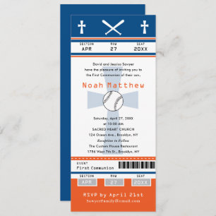 Blue Orange First Communion Baseball Ticket Invitation