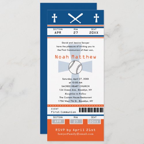 Blue Orange First Communion Baseball Ticket Invitation