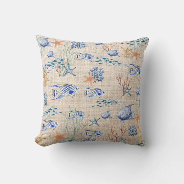 Blue Orange Fish Starfish Coral Reef Coastal Beach Throw Pillow (Front)