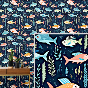 Blue & Orange Fish Swimming on Dark Blue Wallpaper
