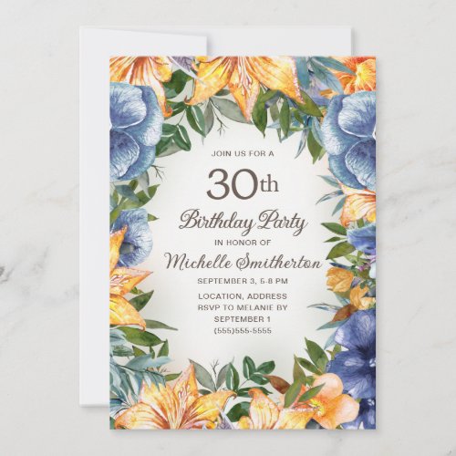 Blue Orange Floral 30th Birthday  Invitation