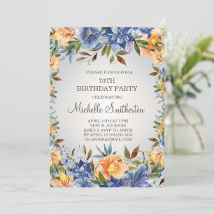 Blue Orange Floral 70th Birthday Invitation