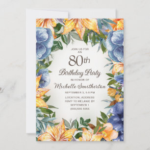 Blue Orange Floral 80th Birthday Invitation