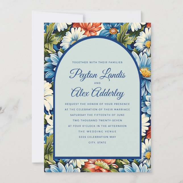 Blue Orange Floral Arch Wedding Invitation (Front)