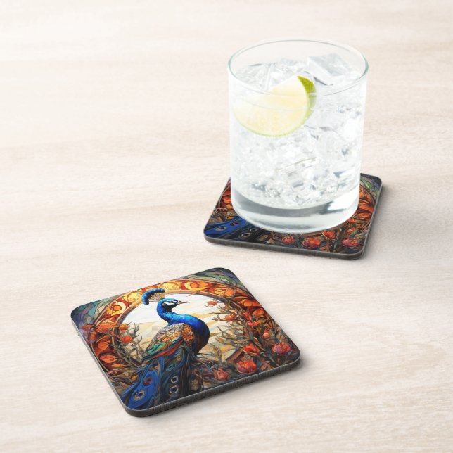 Blue Orange Floral Autumn Peacock Stained Glass Beverage Coaster (Right Side)