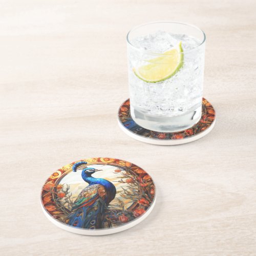 Blue Orange Floral Autumn Peacock Stained Glass Coaster