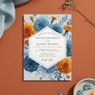 Blue Orange Floral Autumn Wedding Invitation