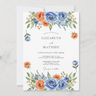 Blue Orange Floral Bloom Wedding Invitation