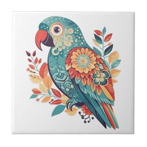 Blue Orange Floral Boho Parrot Folk Art Ceramic Tile