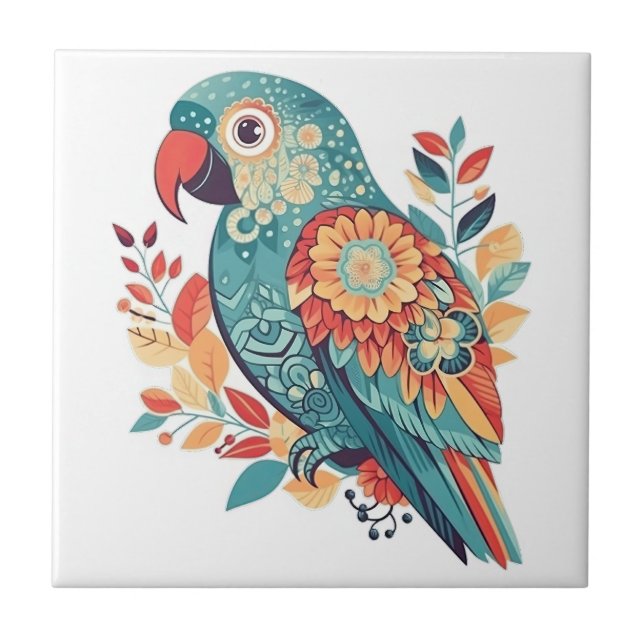 Blue Orange Floral Boho Parrot Folk Art Ceramic Tile (Front)