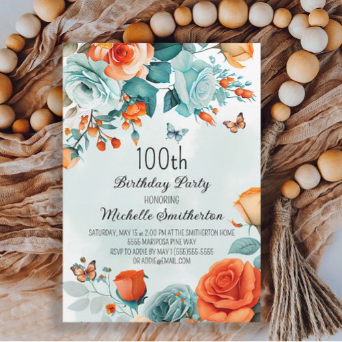 Blue Orange Floral Butterflies Birthday Invitation