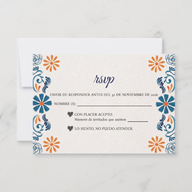 Blue Orange Floral Elegant Fiesta Spanish Wedding RSVP Card (Front)