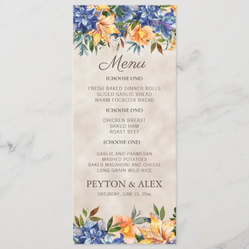 Blue Orange Floral Fall Autumn Wedding  Menu