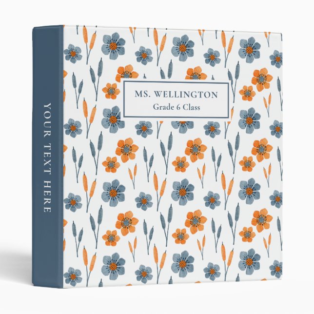 Blue Orange Floral Leaf Pattern Personalized 3 Ring Binder (Front/Spine)