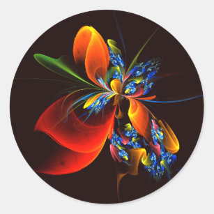 Blue Orange Floral Modern Abstract Art Pattern #03 Classic Round Sticker