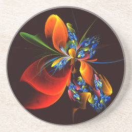 Blue Orange Floral Modern Abstract Art Pattern #03 Coaster