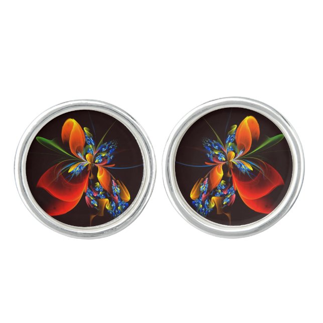 Blue Orange Floral Modern Abstract Art Pattern #03 Cufflinks (Front)