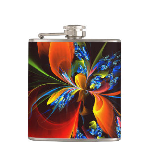 Blue Orange Floral Modern Abstract Art Pattern #03 Flask