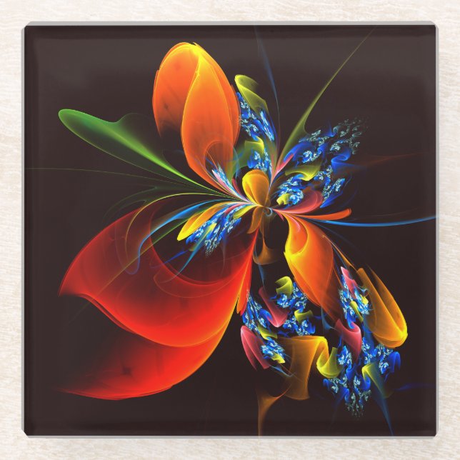 Blue Orange Floral Modern Abstract Art Pattern #03 Glass Coaster (Front)